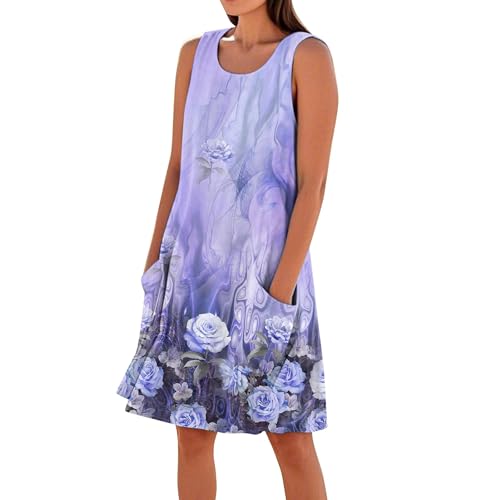 Damen Leinen Kleid, Ärmelloser, Rundhals, Reine Farbe, Leinen Baumwolle Strandkleid mit Taschen, Knielang,Violett,M