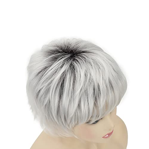 Renershow Layered Gray Wavy Wigs For White Women Short Hair Ombre Gray Pixie Synthetic Wig #TOP4