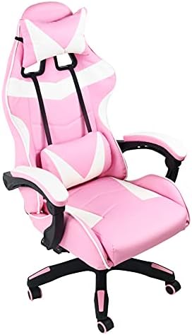 FURWOO Office Chair Executive Gaming Chair with Lunbar Pillow Height Adjustable 360 Swivel Leather Desk Chair Racing Style PC Chiar with Retractable Footrest (Pink & White)