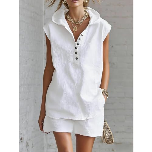 Traje de dos piezas para mujer conjunto de verano con capucha sin mangas de algodón lino 2