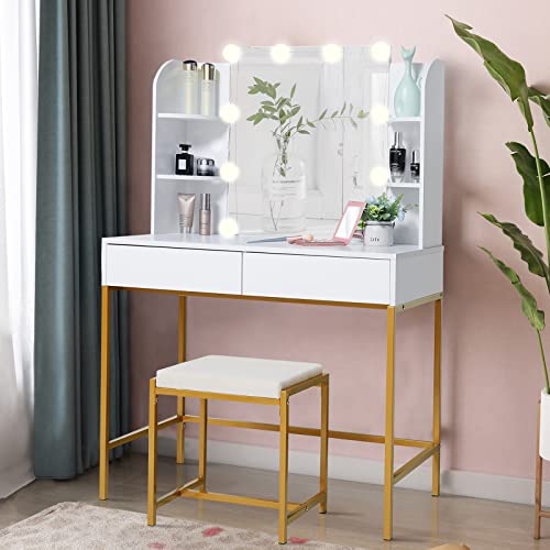 Usikey Makeup Vanity With 10 Led Lights & 2 Drawers, Vanity Set Dressing Table With 6 Storage Shelves, Vanity Table With Cushioned Stool, Vanity Desk With Mirror And Lights For Women,Girls, Gold-White #TOP1