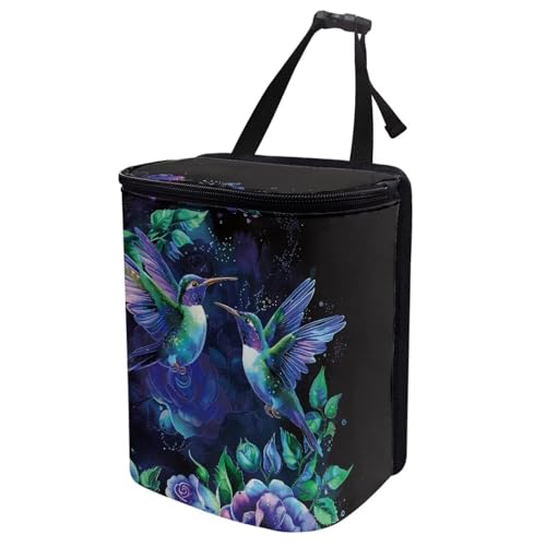 Image of Talayituse Hummingbird Floral Print Car Trash Bin, Large Size Auto Trash Can Adjustable Portable Garbage Can with Lid, Vehicle Hanging Bag for Headrest Front Back Seat