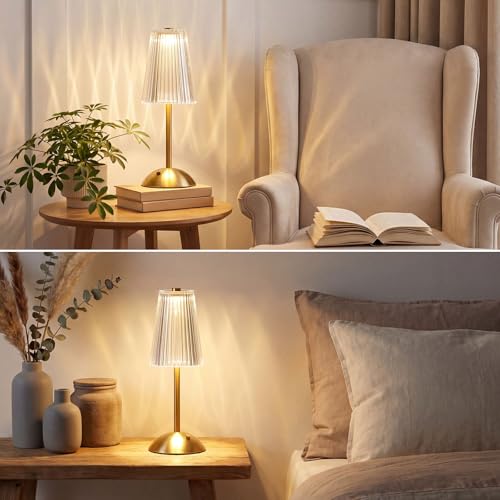 Image of Liliful 2 Pcs Cordless Table Lamp Rechargeable Touch LED Small Gold Portable Battery Operated USB-c Desk Lamp 3 Color Dimmable for Bedroom Living Room Dining (Gold,Small Stripes)