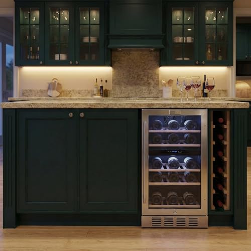 Image of Empava 15 inch Dual Zone Wine Cooler Refrigerator Under Counter with Reversible Glass Door, Freestanding Fridge with LED Light, Touch Control, 26 Bottles Capacity