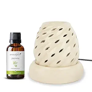 Aromahpure Brown Electric Ceramic Oval Design Diffuser 15 ml Fragrance Oil | Joyous Jasmine | Scented Diffuser | Elegant Diffuser for Home, Mandir, Office, Desk Decoratives, Gifting