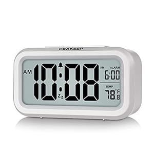 Peakeep Night Light Digital Alarm Clock Battery Operated with Indoor Temperature, Desk Small Clock (White)