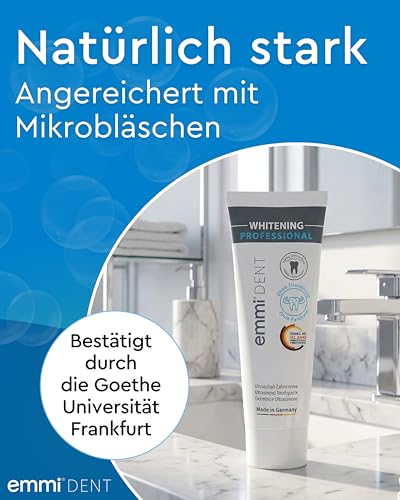 emmi-Dent Ultraschall Zahnpasta Whitening I 3x75 ml I Mikrobläschen-Formel für weiße Zähne I Sanfte Zahnaufhellung I Ideal für empfindliches Zahnfleisch I Vegan, glutenfrei & ohne Titandioxid