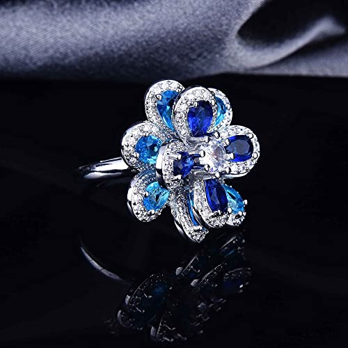 Exquisite Camellia Flower Open Statement Ring Cubic Zirconia Blue Crystal Blossom Adjustable Stacking Rings Wedding Promise Eternity Finger Bands Delicate Jewelry Gifts for Women Bridal3