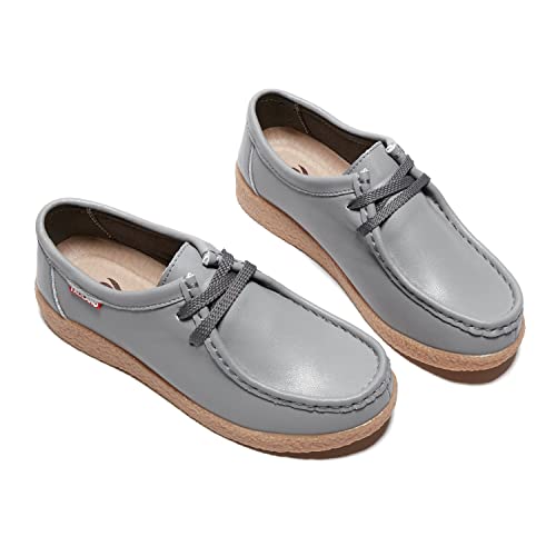 Image of TRULAND Leather Oxford Shoes for Women - Suede Lace Up Moc Toe Low Platform Flat Wallabees Shoes