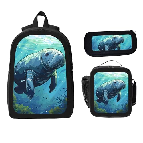 Cute Animal Cartoon Walrus 3 Pcs 17 Inches Backpack Set with Insulated Lunch Bag And Pencil Pouch Large Back Pack for Men Women Lunchbox Pencil Case Waterproof Backpacks Lunch Box 3 Piece Daypacks2
