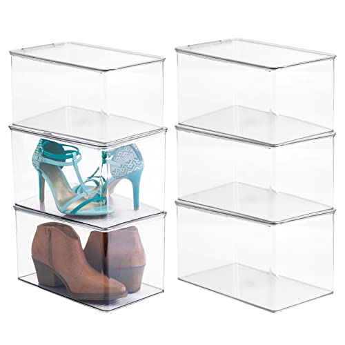 mDesign Set of 6 Shoe Storage Boxes — Stackable Plastic Shoe Boxes for Wedges, Pumps, Athletic Shoes — Practical Storage Box with Lid — Clear