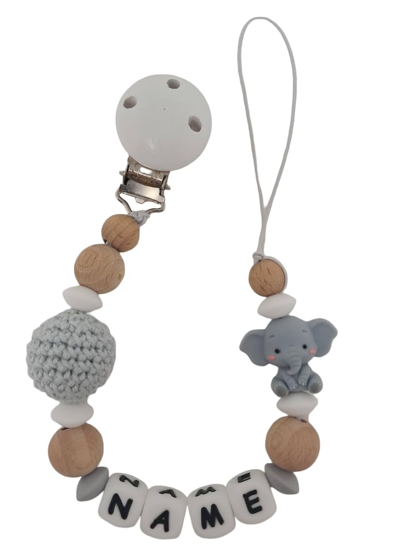Individuell gestaltetes Babygeschenk personalisiertes Schnullerkette mit Namen für Mädchen oder Junge Baby Geschenk personalisiert zur Geburt & Taufe (Elefant grau)