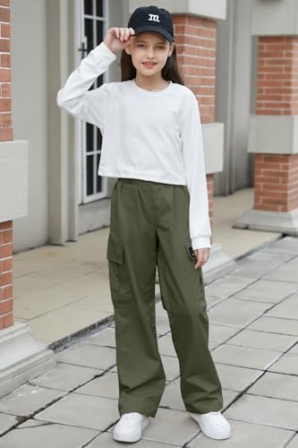 Image of Betusline Girl's 2 Piece Outfits, Cute Girls Fall Clothing Sets Cargo Pants + T-Shirt Top, 4T-14 Years