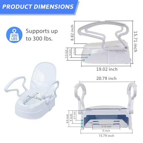 XIAOSHUNER Raised Toilet Seat with Handles, Adjustable Height&Width, Elongated Toilet Seat Risers for Seniors,Non-Slip Adjustable Padded Arms,300lbs,Fit Any Toilet,White - Thumbnail 3