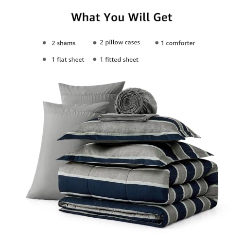 Image of Monbix Queen Comforter Set - 7 Pieces Bed in a Bag Queen, Light Grey-Stripe Bedding Sets, All Seasons Comforter Bed Set with Sheets, Pillowcases & Shams