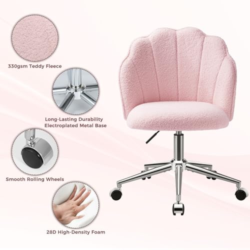 Vanity Chair for Makeup Desk with Back &Wheels, Comfy Office Chair for Bedroom, Height Adjustable&Easy Assembly, Pink image 5