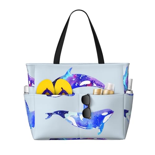 Bolsa de playa grande con estampado de orca en color negro y talla única de 17.7 x 15 x 6.7 pulgadas
