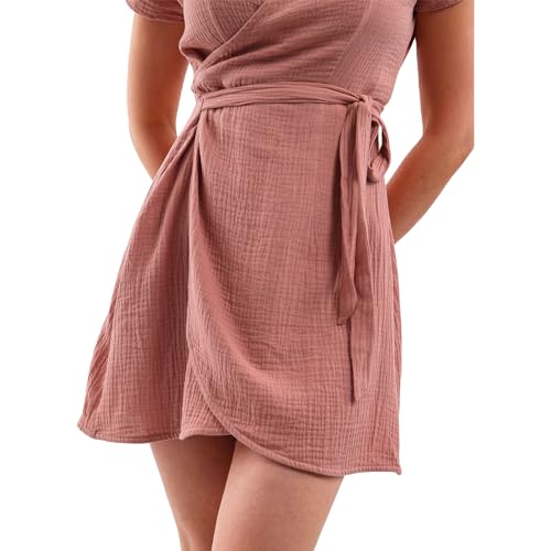 Image of Amazhiyu Women's Cotton Gauze Short Sleeve Wrap Mini Dress