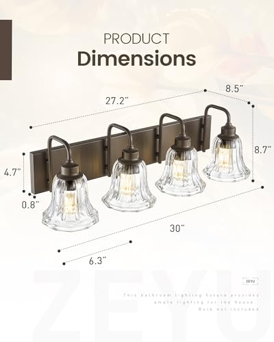 Image of zeyu 4-Light Bathroom Vanity Lighting in Oil Rubbed Bronze Finish, Farmhouse Wall Mount Fixture Over Mirror with Clear Striped Glass, ZJX117B-4W ORB