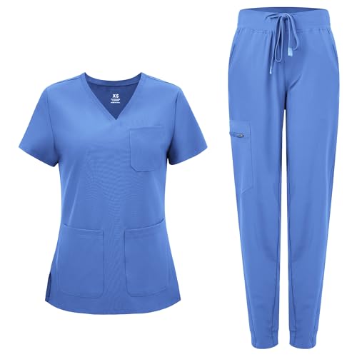 Scrubs for Women Set - Curved V-Neck Top & Jogger Pants, Ceil Blue, M by COZYFIT - Used condition - US$24.36
