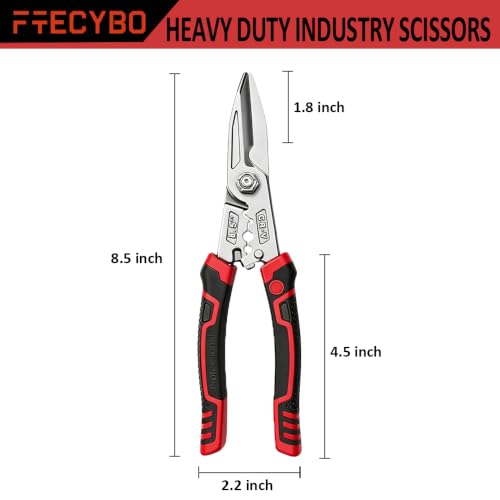 Image of Heavy Duty Industrial Scissors 8.5'', Utility Sharp Aviation Tin Snips, Finely Serrated CR-V Blades with Safety Lock, for Cutting Wires, Cardboard, Plastic, Carpet,red (Red)