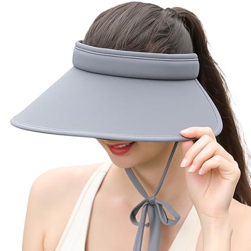 Wide Brim Visor Sun Hat for Women UPF 50 UV Protection with Chin Strap ? Women’s Golf Hats Tennis Running Sports Caps Ponytail Sun Cap for Beach Hiking Smart Garden (AU, Alpha, Medium, Grey)