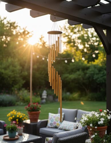 Image of 33.5 inch 18 Pipe Metal Wind Chims for Home Balcony Energy,& Office Positive Energy Meditation and Best Gift for Birthday Anniversary Home Vastu and Return Gift 18 Pipe Black,18 Pipe-Gold