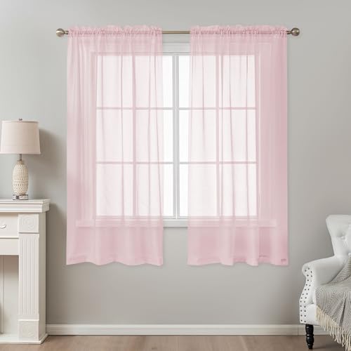 Image of Pink Sheer Curtains 63 Inch Length, Privacy Semi Sheer Curtains for Living Room Bedroom, Light Filtering Rod Pocket Voile Window Drapes 2 Panels Set, Each 42 inch W x 63 inch L