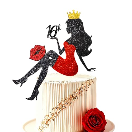 Red Lips Sitting Girl 16 Birthday Gold Crown Queen Makeup Spa Cake Topper
