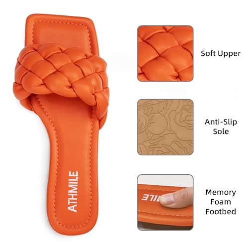 Image of ATHMILE Braided Womens Sandals 2026 Square Open Toe Fashion Slide Sandals | Women Summer Flat Sandals,Soft Leather,Slip on Shoes,Dressy,Causal,Beach,Vocation,Size 6-11