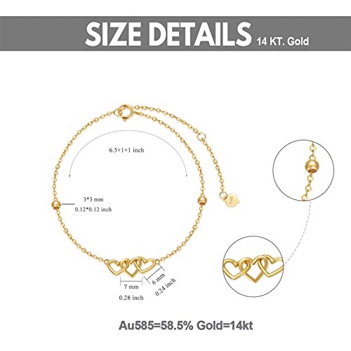 Sisgem 14K Real Gold Hearts Beaded Bracelets For Women,Yellow Gold Love Bracelet Three Hearts Jewerly Gifts For Birthday Christmas 6.5+2 Inch (14K-Gold-Yellow) #TOP3