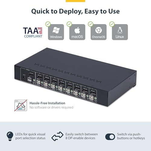 Image of StarTech 8-Port DisplayPort 1.2 KVM Switch, 4K 60Hz, USB Hub, 1U Rack, TAA