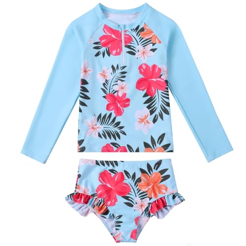 Image of Valcatch Girls Rash Guard Set 2 Piece Long Sleeve UPF 50+ Quick Dry Swimsuit with Ruffle Shorts