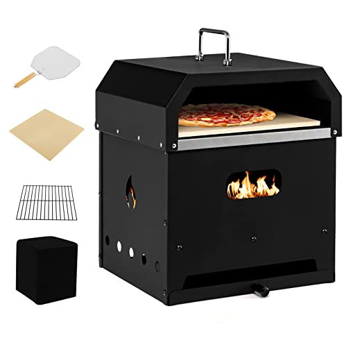 GOPLUS Four à Pizza 4 en 1, Alimenté au Bois et aux Granulés, 2 Couches, Amovible, avec Pierre à Pizza, Pelle à Pizza, Grille de Barbecue, Couverture Imperméable, Portable pour Extérieur Camping