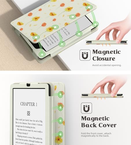 Image of MoKo Case for 7 inch /6.8 inch Kindle Paperwhite(12th /11th Generation-2024 /2021) and Kindle Colorsoft Signature Edition,Slim PU Shell Cover Case with Auto-Wake /Sleep for Kindle Paperwhite 2024,Flowers on White