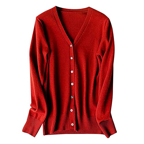 Cardigã feminino primavera manga longa básico tricô gola V leve com botão baixo, Vermelho, M