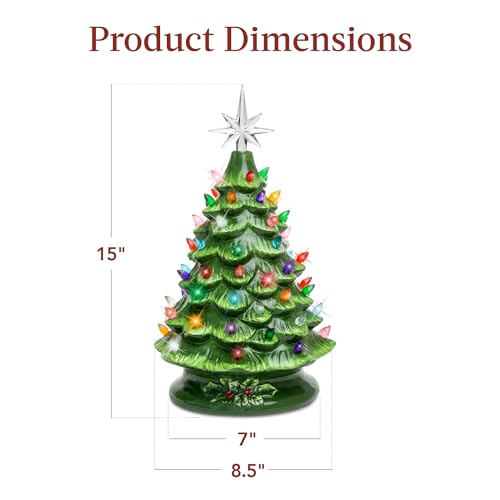 Best Choice Products 15in Ceramic Christmas Tree, Pre-lit Hand-Painted Tabletop Holiday Tree, Star Topper, 64 Lights - Green w/Multicolored Bulbs - Image 3