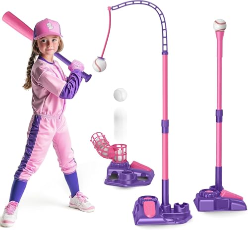 Juego de pelota de béisbol rosa 3 en 1 para niños, té de bate, té de pie, máquina de lanzamiento con 6 pelotas suaves de plástico y raquetas, juegos deportivos para interior y exterior en el jardín,