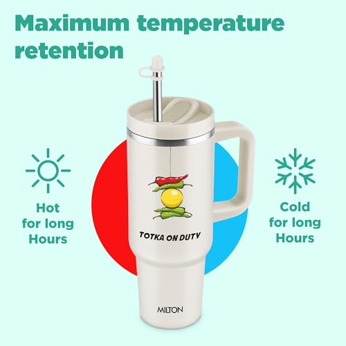 Image of MILTON Malmo 1200 Thermosteel Double Wall Vacuum Insulated Stainless Steel Tumbler with Handle 1100ml, Travel Mug with Straw,Silicon Cap,Cleaning Brush,Hot & Cold Beverage Flask,Totka Cream