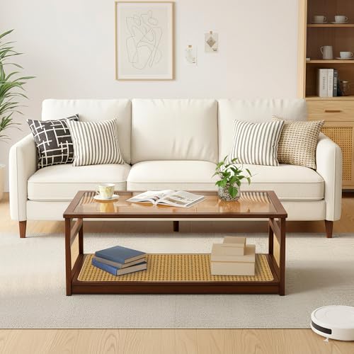 Table basse verre trempé + rangement rotin Estiliza