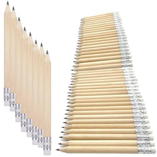 Kaquxibix 50-Pack Mini Wooden Pencils with Erasers for Kids Students and Professionals - HB Hardness Round Design