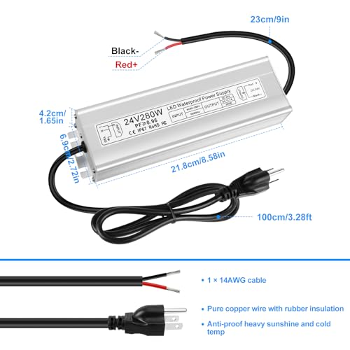 Image of 24V 280W LED Power Supply, IP67 Waterproof LED Driver, Low Voltage Transformer, AC 80-265V to DC 24V 11.67A Converter with 3-Prong Plug 3.3 Ft Cable for Outdoor LED Light, Landscape Light, Industrial