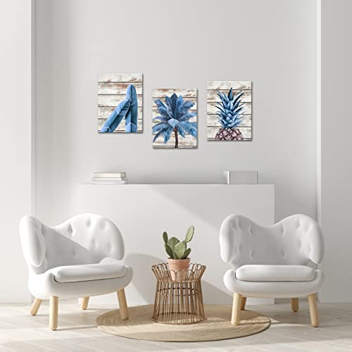Aiqiulvyo Tropical Coastal Wall Art - Beach Blue Surfboard Coconut Tree Pineapple Canvas Artwork Home Wall Decor Tropical Plants Leaves Fruits Pictures For Bathroom Living Room Framed12X16Inchx3Pcs #TOP2