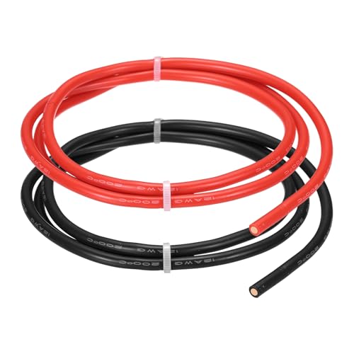 sourcing map 2pcs 12 AWG Silicone Electrical Wire, 12 Gauge 0.9m/3ft Electrical Wires, 600V 200C Tinned Copper Stranded High Temp Battery Wire for Automotive, Motor, RV Inverter - Red & Black