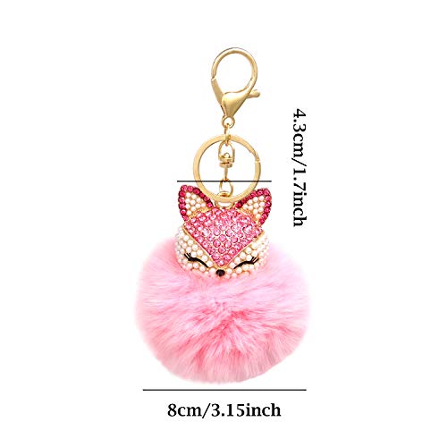 Honbay Faux Rabbit Fur Fluffy Keychain Fashion Fox Head Alloy Keychain Sparkly Rhinestone Handbag Backpack Car Keychain (Pink) #TOP1