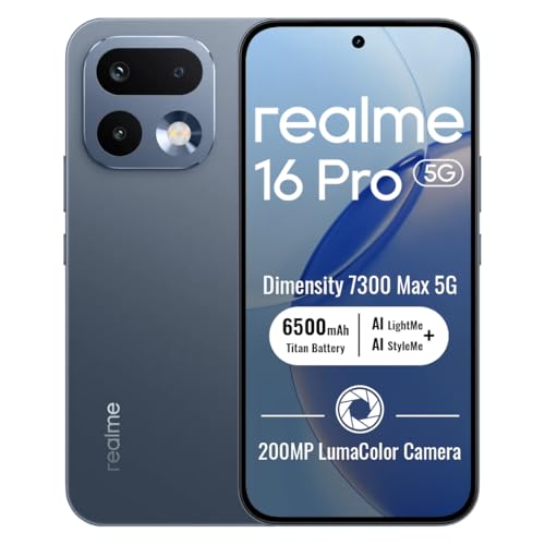 realme 16 Pro 5G Smartphone 8+256 GB,Pebble Grey,Display AMOLED 6,78″ 144Hz,MediaTek Dimensity 7300 Max,Fotocamera posteriore 200MP OIS,anteriore 50MP,Batteria 6500mAh con ricarica 80W,eSIM,IP69