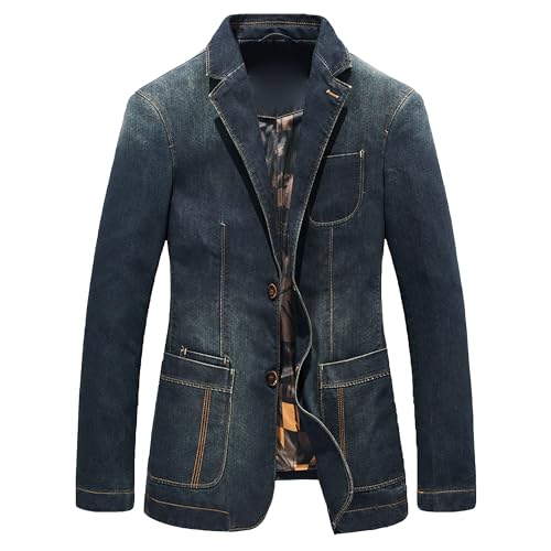 DGKaxiyaHM Men's Casual Slim Denim Blazer Business Notched Collar Suit Jacket Loose Distressed Wash Two Button Coat (Large,Dark Blue 2)