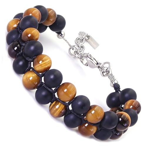 HASKARE Mens Tigers Eye Bracelet, Natural Stone Double Tiger Eye Adjustable Durable Wired Beads Bracelet for Men Premium Protection Gemstone Men Jewelry for Gift Christmas Father's Day