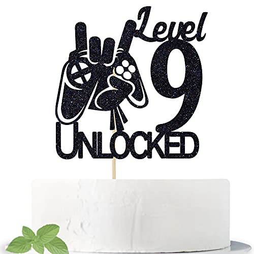 Cos mos Video Game Level 9 Unlocked Birthday Cake Topper Black Glitter Boys 9th Birthday Cake Decorations Level Up Winner Party Decoration Supplies