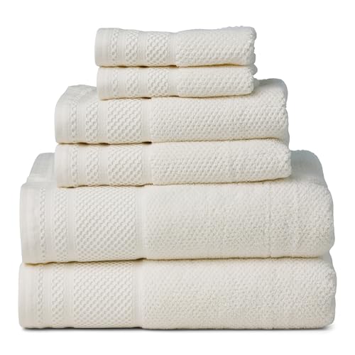 Texere 100% Organic Cotton Rice Weave Jacquard Luxury Bath Towel Sets - Soft and Absorbent Hotel and Spa Quality - 2 Large Bath Towels, 2 Hand Towels, 2 Washcloths (Rice Weave, Cream, 6 Piece)